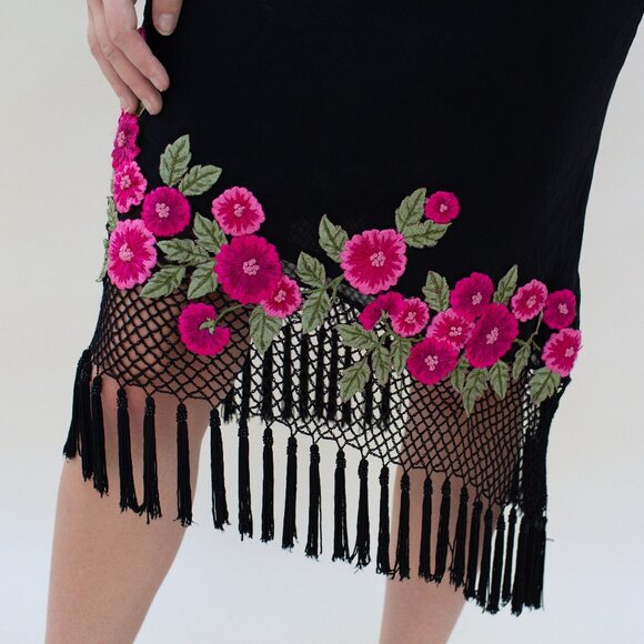 Vintage Cache 90s Midi Dress Silk Salsa Asymmetrical Fringe Tassel Rose Applique - Picture 3 of 15